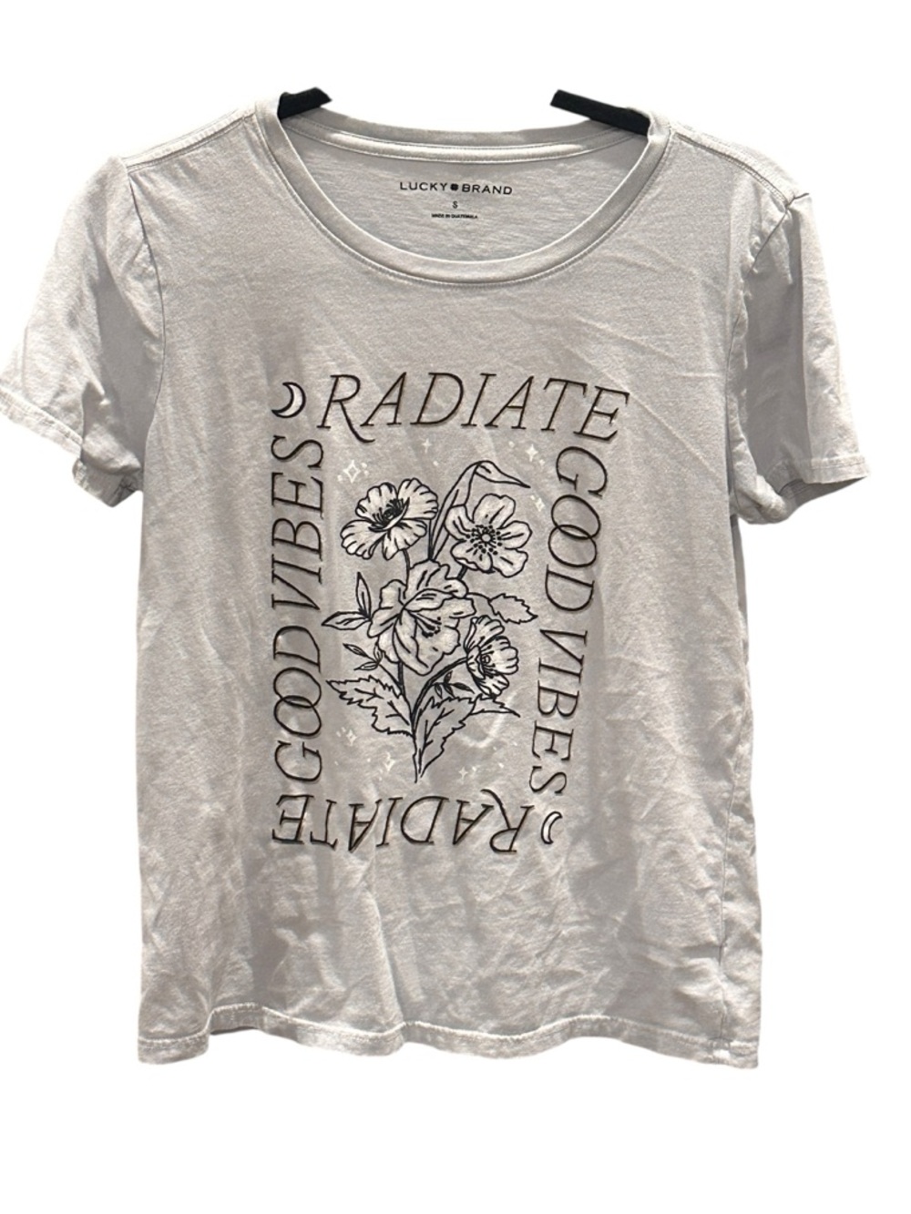 Lucky Brand White Tee with Black Floral 'Radiate Good Vibes' Graphic